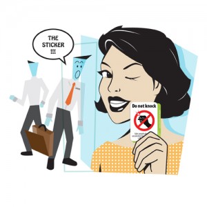 Woman with Do Not Knock sticker